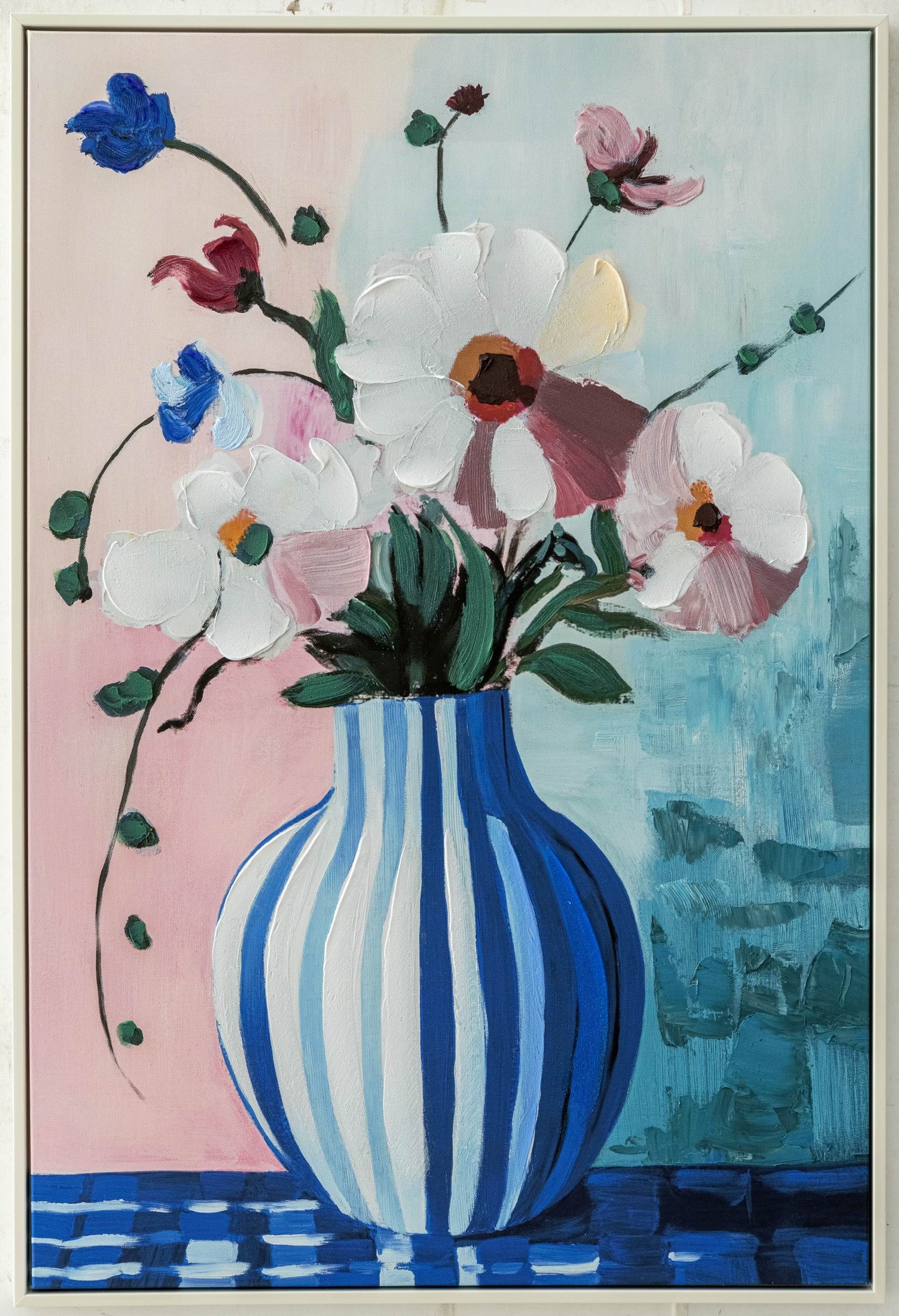 Artistic depiction of a striped vase with flowers against a colorful background
