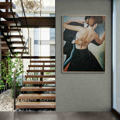 Staircase with a modern design featuring glass panels and wooden steps, with a framed artwork of two people embracing on the wall.