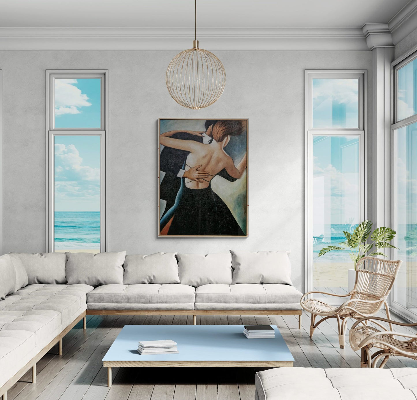 Modern living room with a large painting on the wall, white sofa, and light blue coffee table.