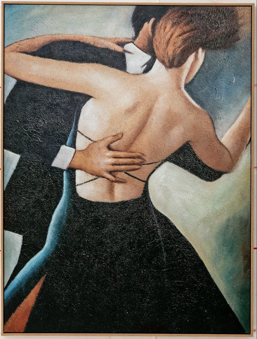 Artistic depiction of a couple embracing, with a focus on the woman's back and the man's hand.