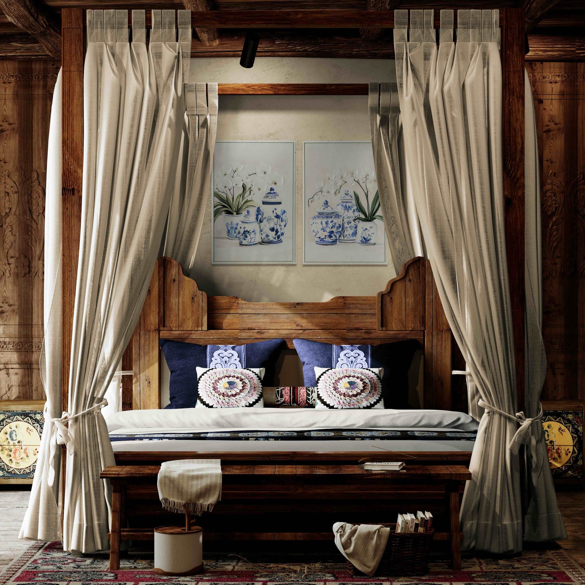 Wooden bed with canopy, pillows, and framed artwork in a rustic room.