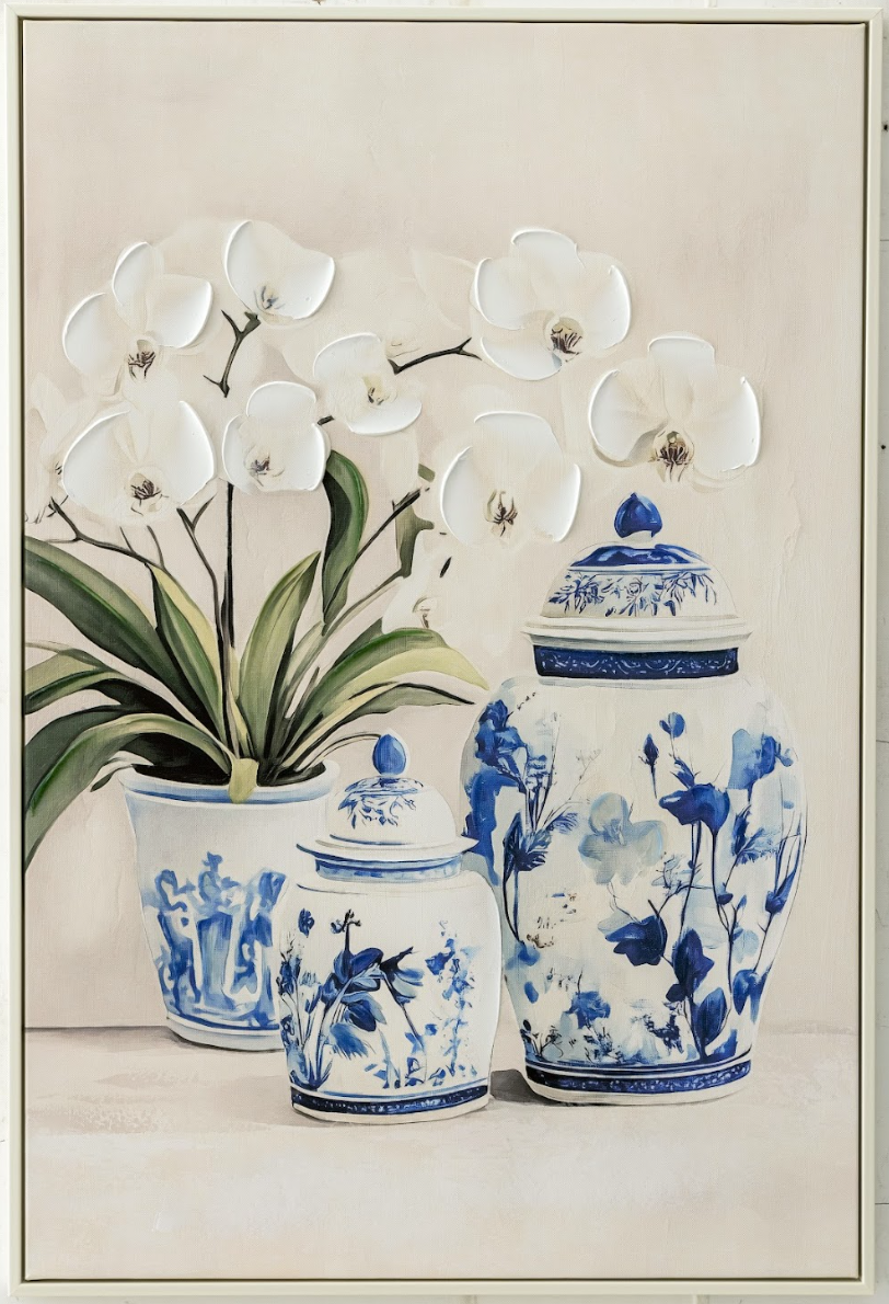 Painting of decorative vases with blue and white floral patterns on a neutral background