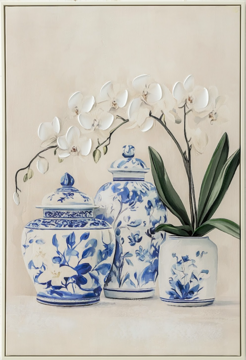 Painting of decorative vases with blue floral patterns and white orchids on a neutral background