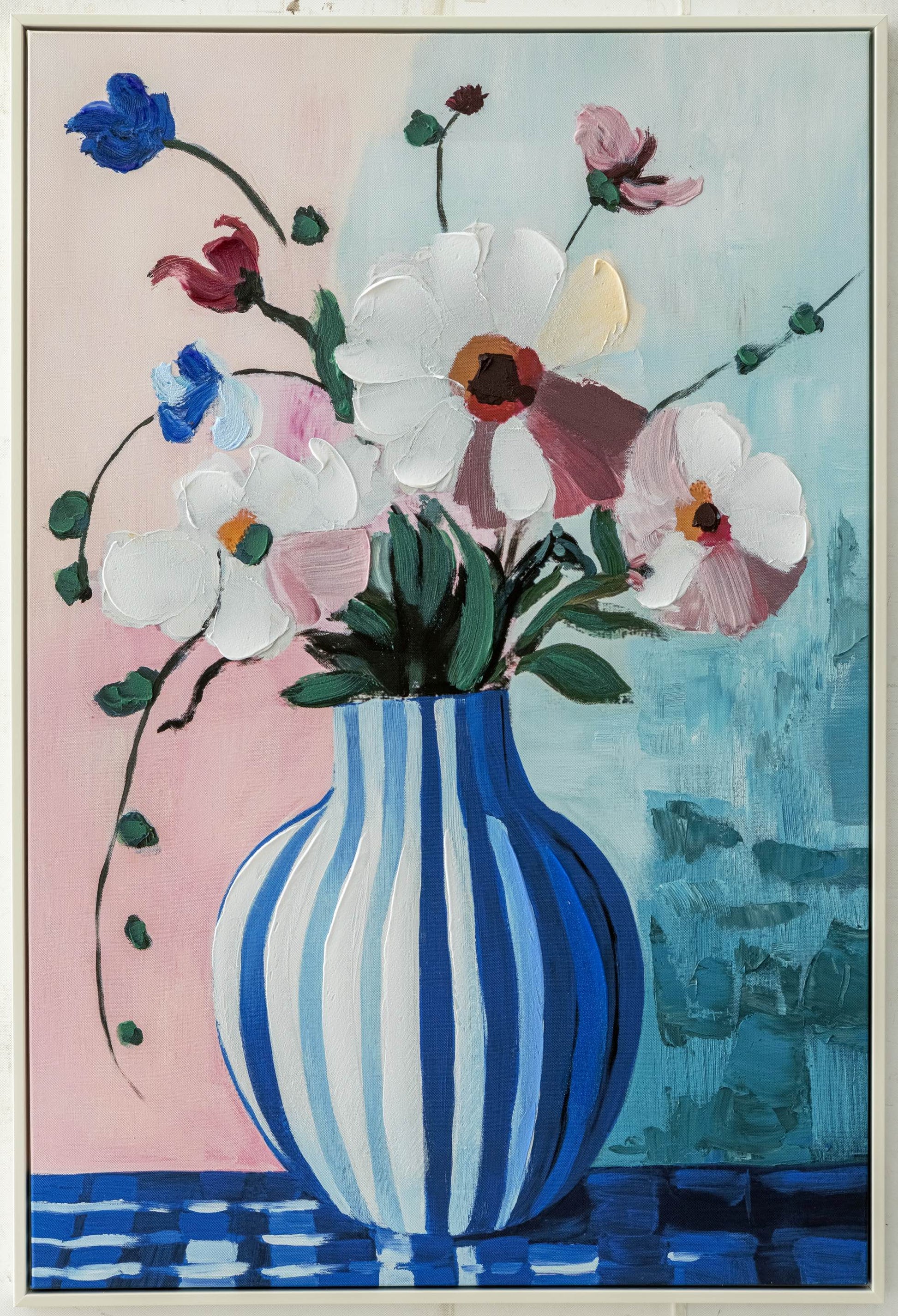 Artistic depiction of a striped vase with flowers against a colorful background