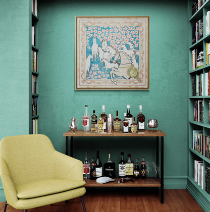 Home bar setup with bottles, a chair, and artwork on a teal wall.