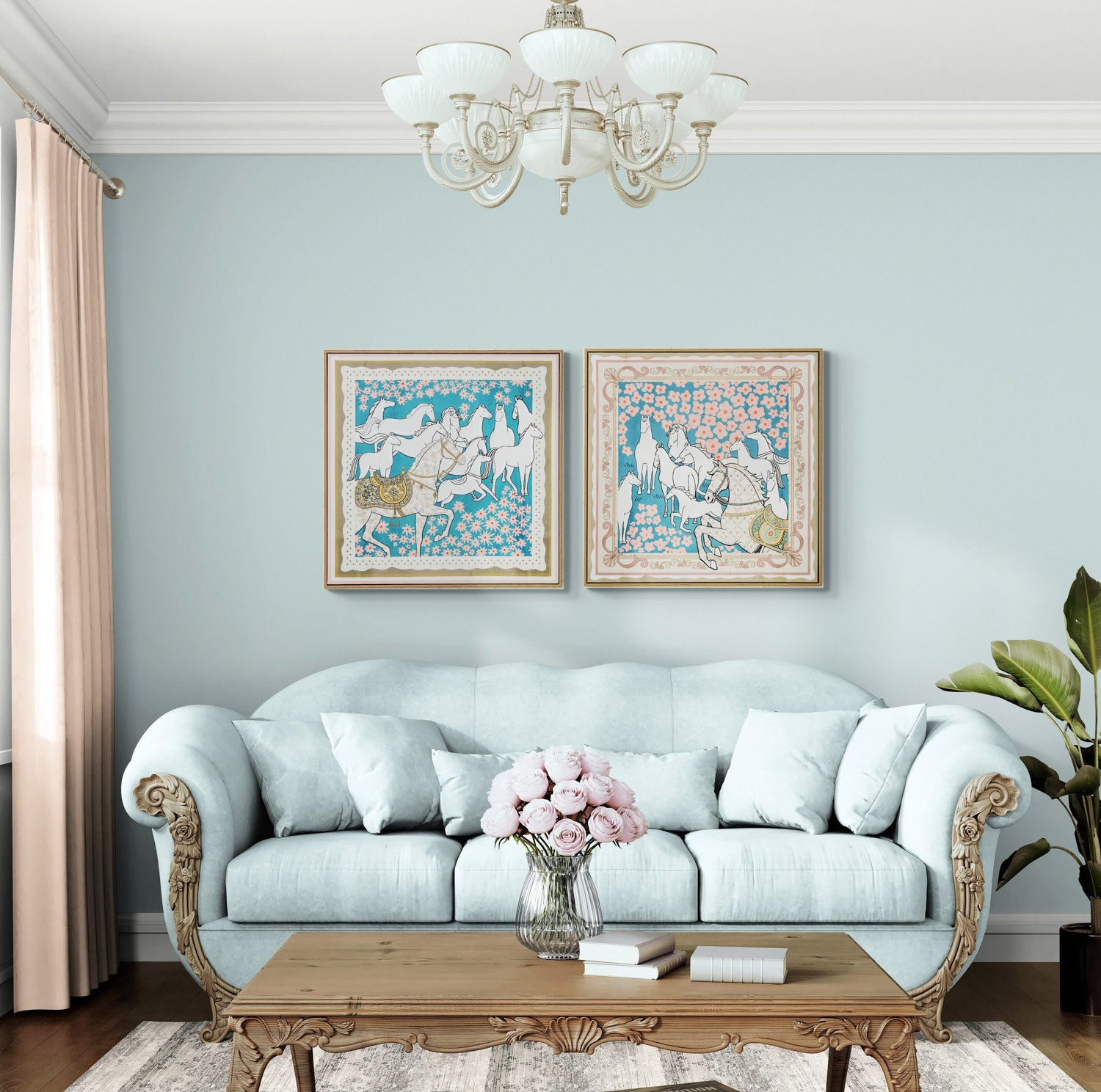 Living room with light blue sofa, wooden coffee table, and framed artwork on the wall.