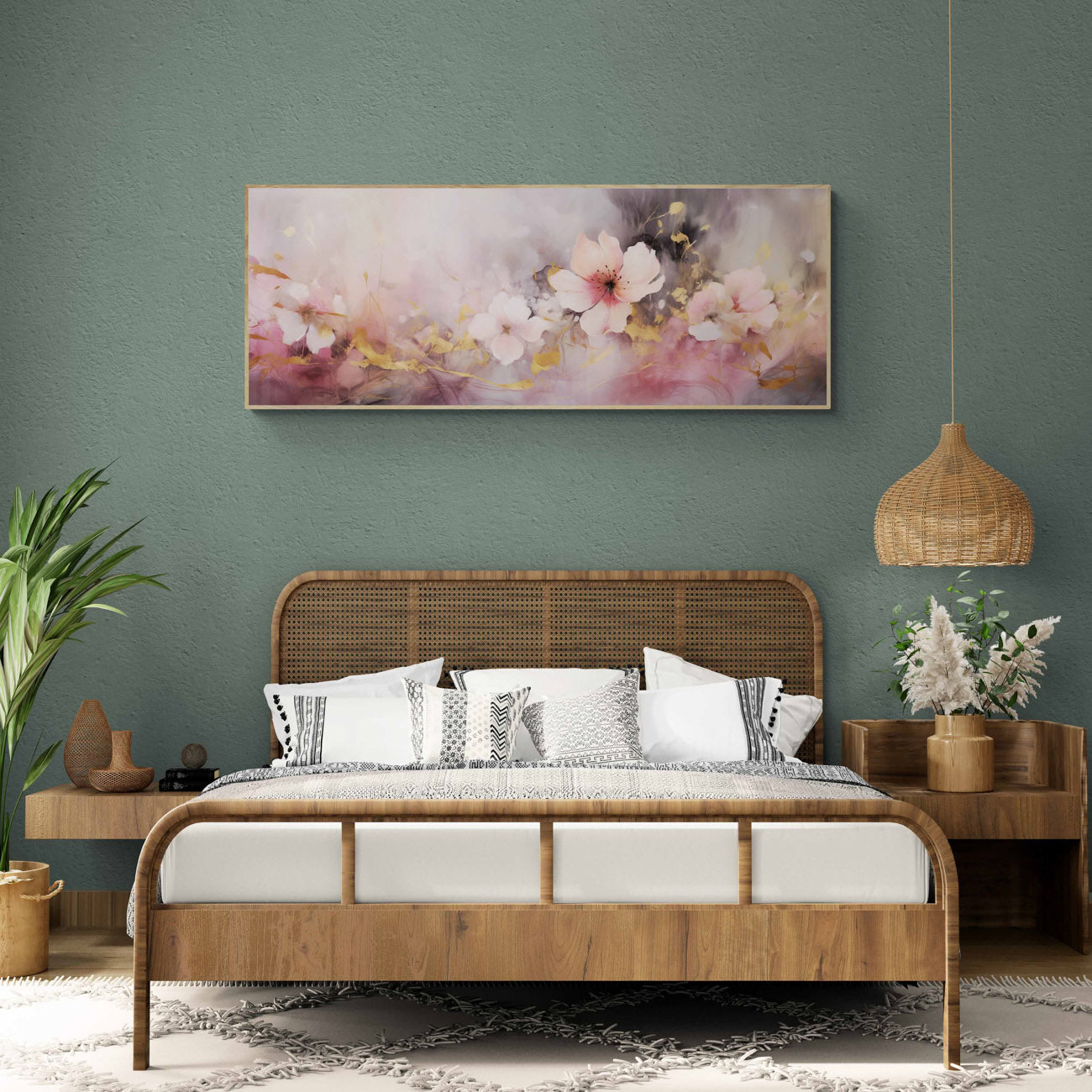 Bedroom with wooden bed, floral painting, and decorative elements.